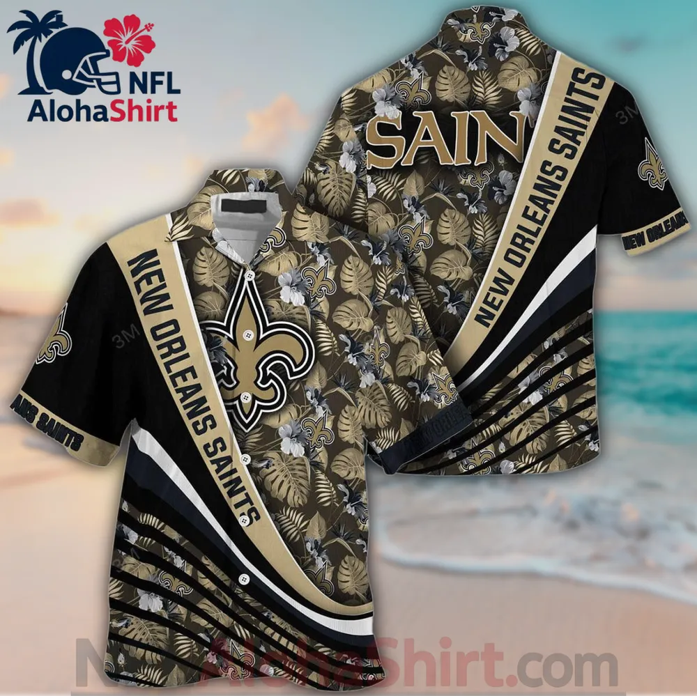 New Orleans Saints gold black floral Hawaiian shirt with diagonal stripe and logo