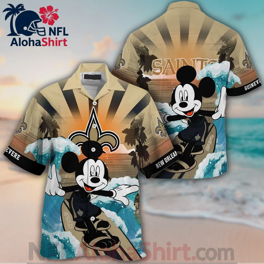 New Orleans Saints gold black Mickey surf Hawaiian shirt with wave design