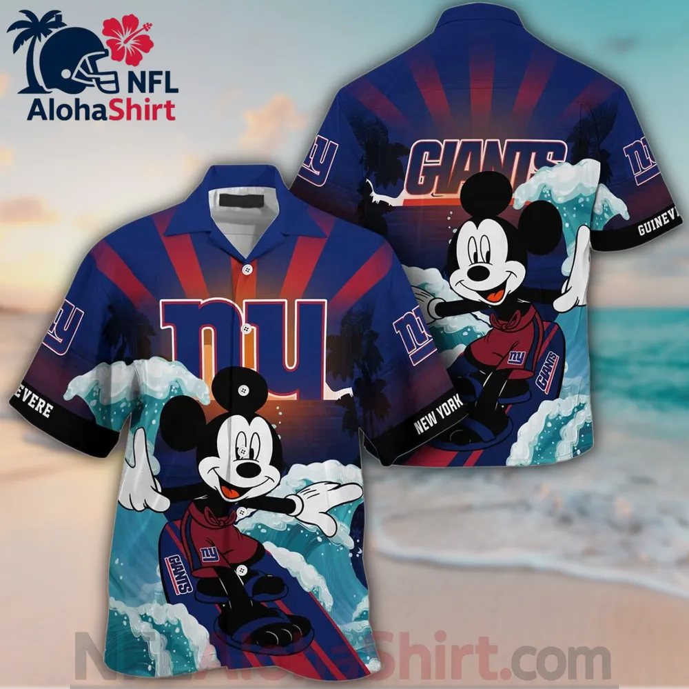 New York Giants Mickey Mouse surfing Hawaiian shirt with sunset background