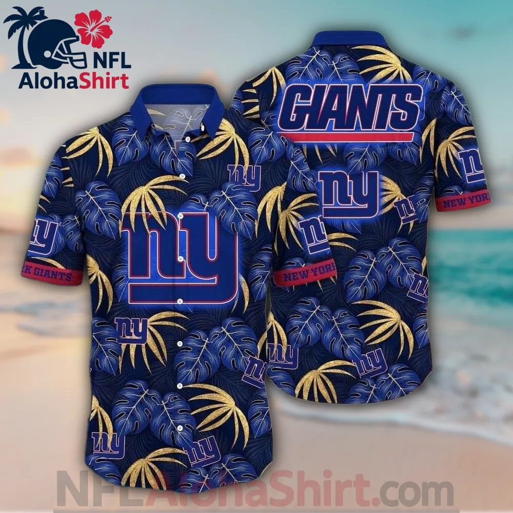 New York Giants navy gold monstera leaf Hawaiian shirt