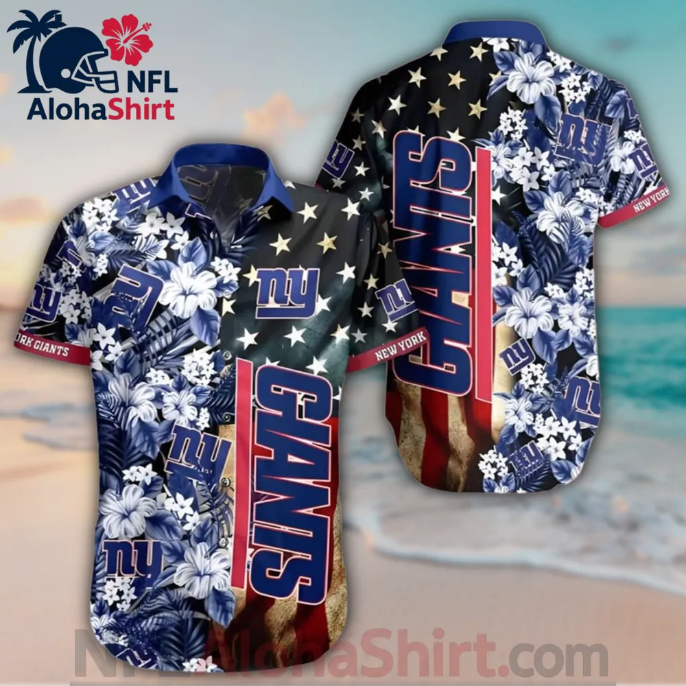 New York Giants navy red floral flag Hawaiian shirt