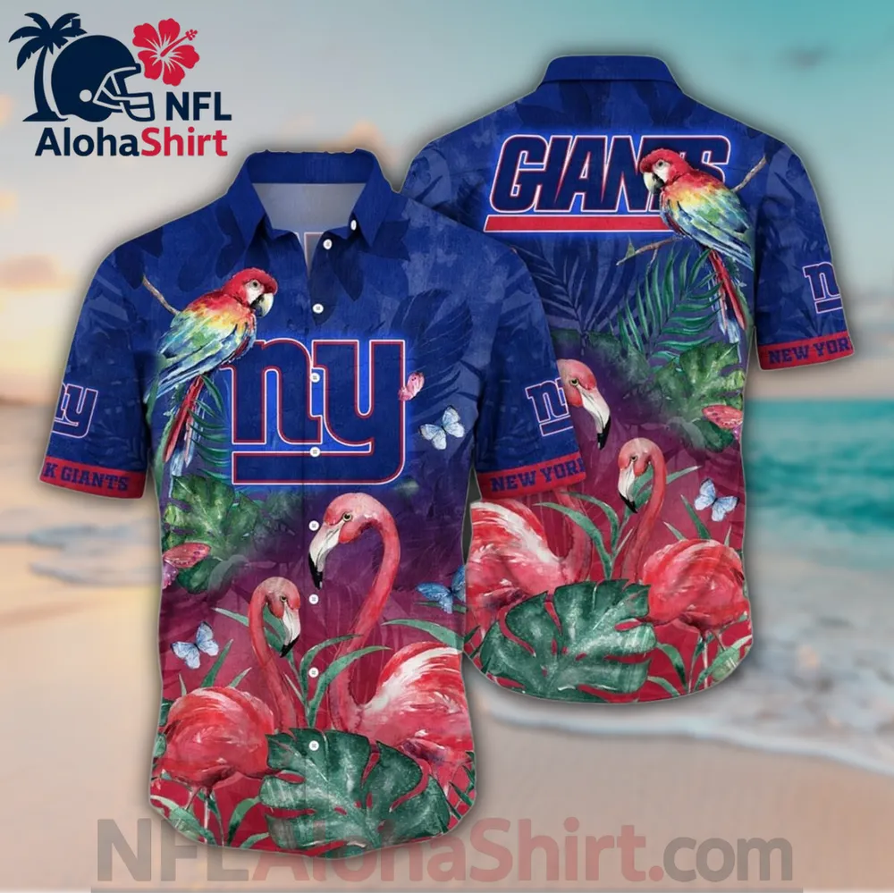 New York Giants navy flamingo parrot Hawaiian shirt