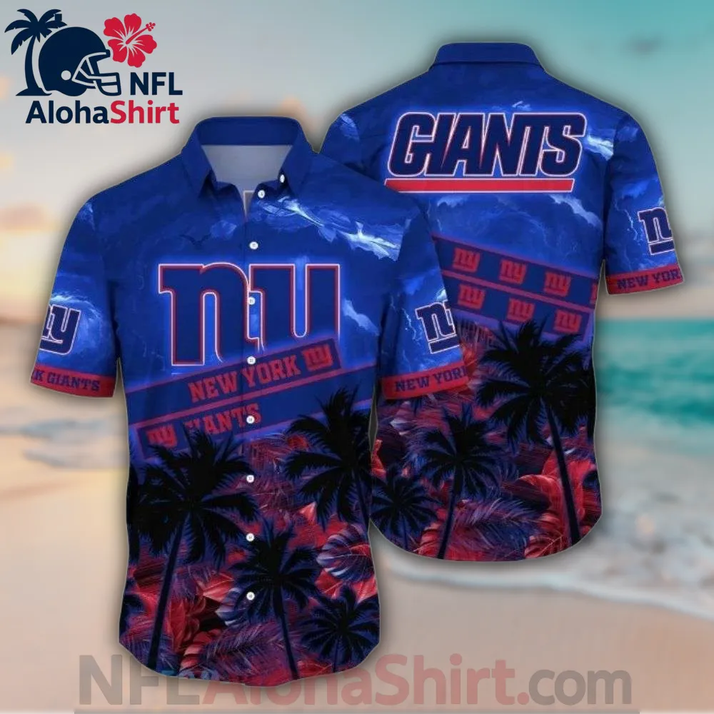New York Giants royal blue red palm shadow Hawaiian shirt