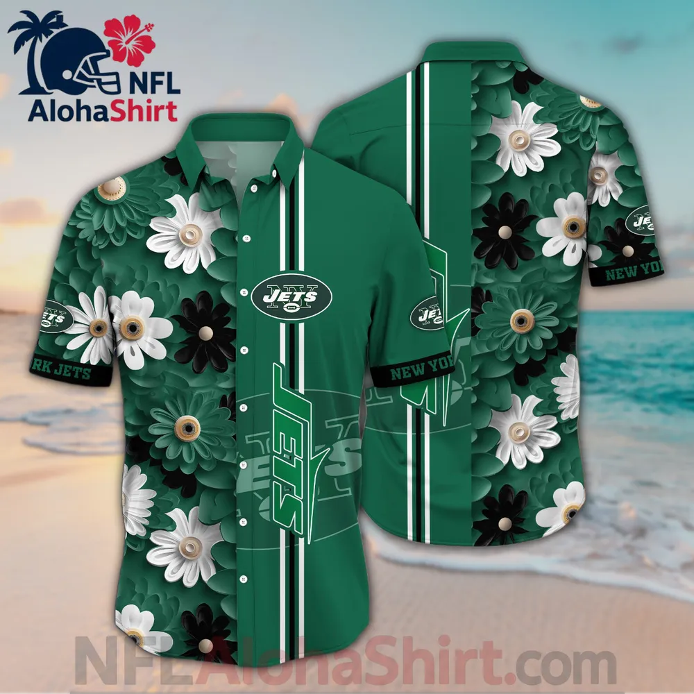 New York Jets Hawaiian shirt with green black white floral stripe design