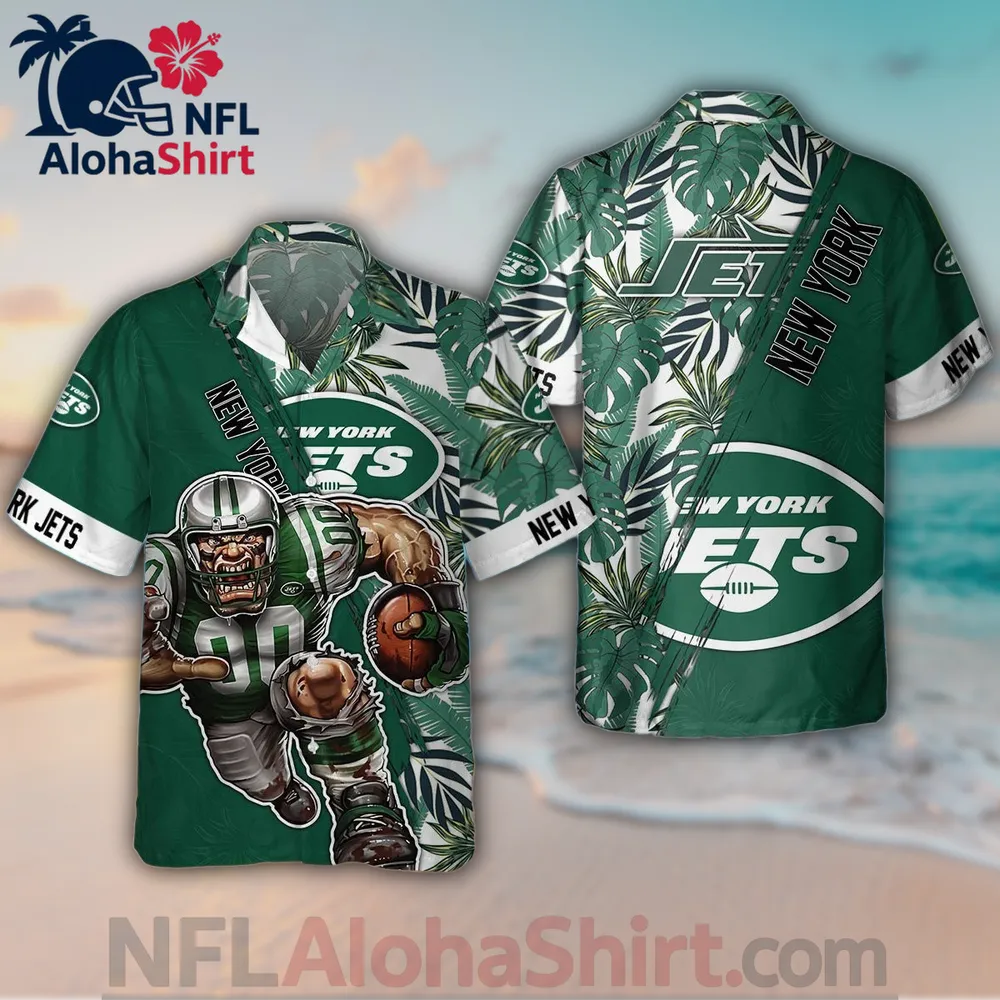 New York Jets Hawaiian shirt with green white background and monster football player art