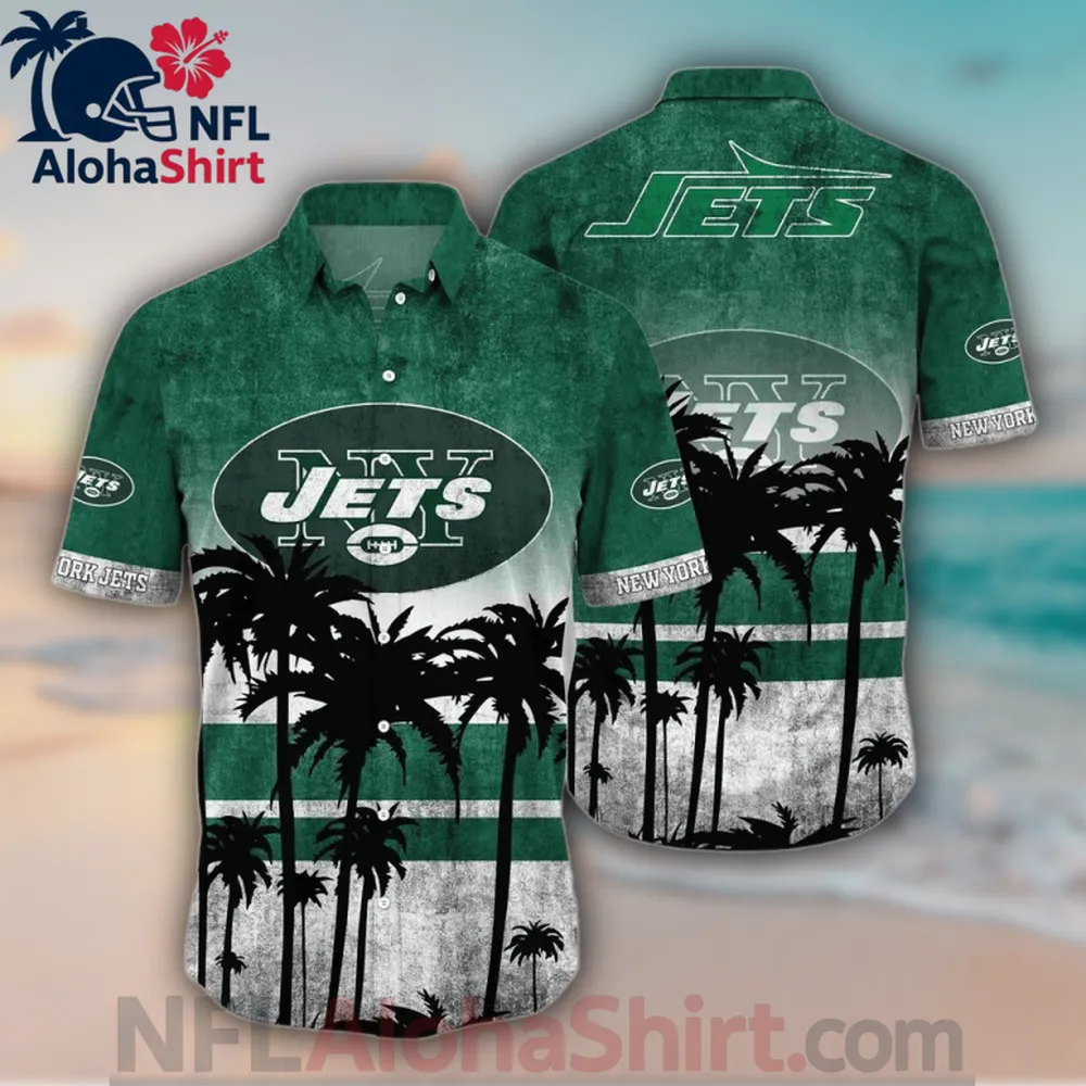 New York Jets Hawaiian shirt with green-white background and palm tree silhouettes