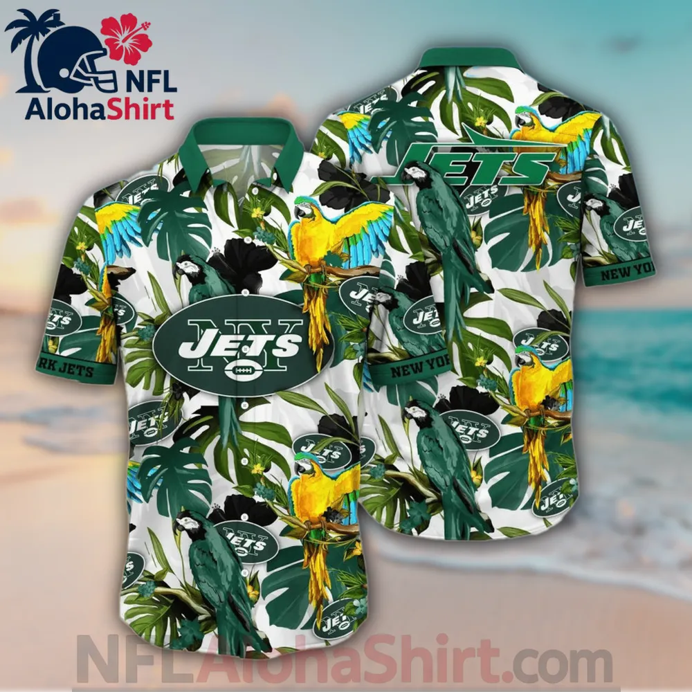 New York Jets Hawaiian shirt with tropical parrots and jungle leaf pattern in white and green