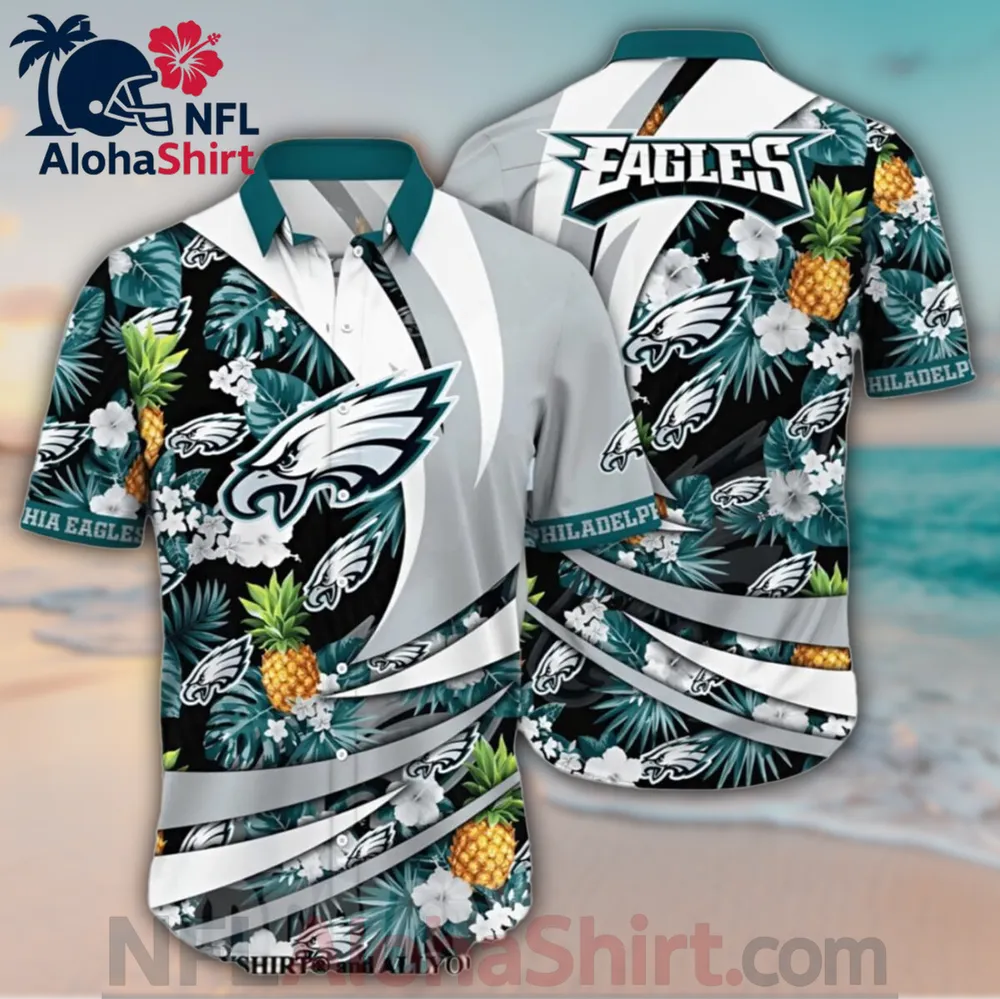 Philadelphia Eagles Hawaiian shirt black grey with pineapples, hibiscus, and team logo