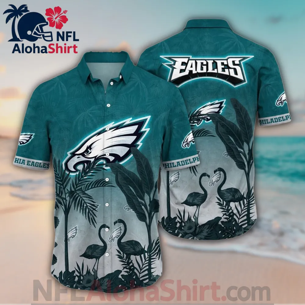 Philadelphia Eagles green grey flamingo Hawaiian shirt with official logos and tropical palm leaves