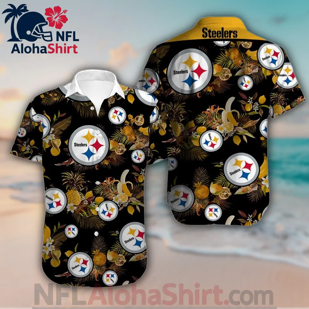 Pittsburgh Steelers Hawaiian shirt with tropical fruit and black background