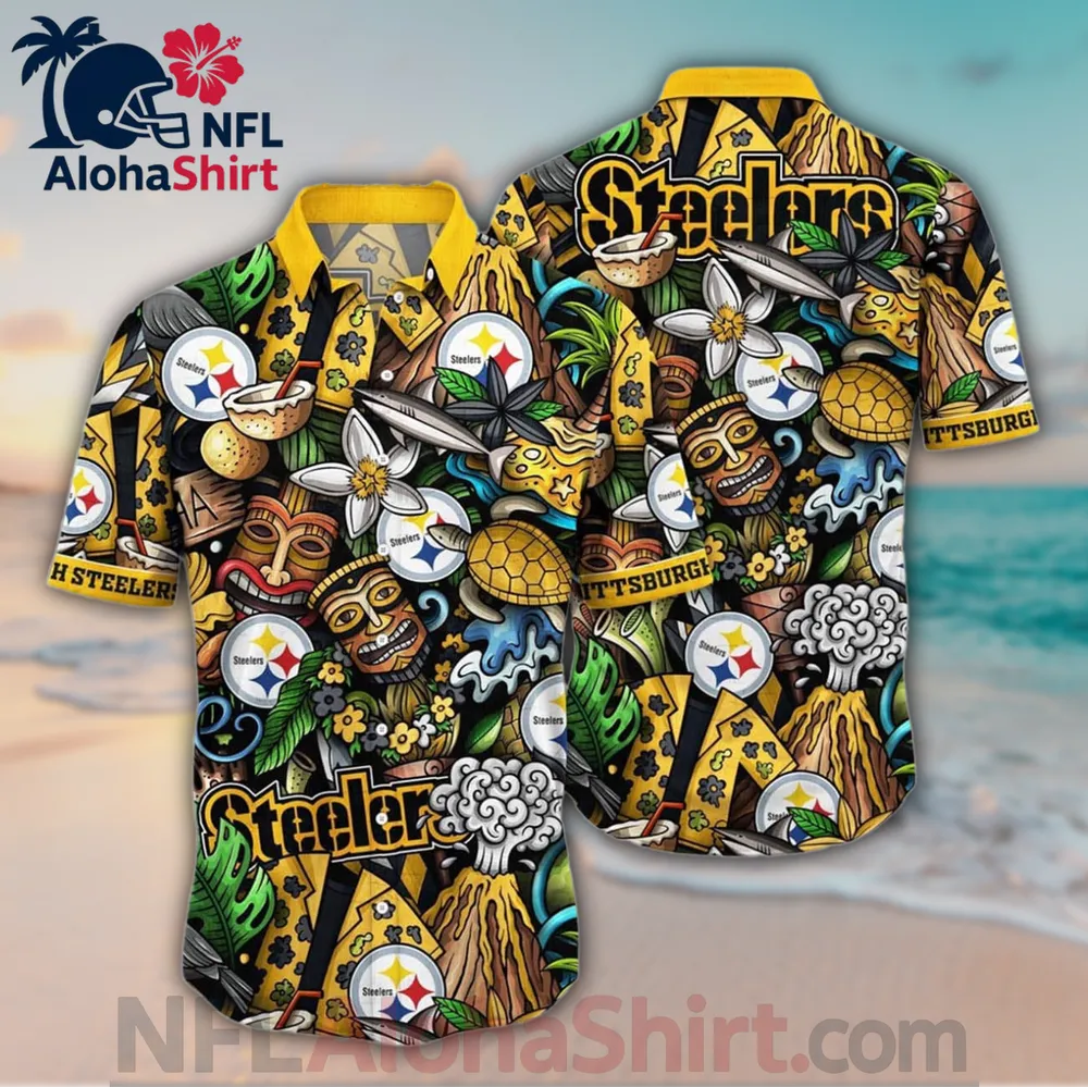 Pittsburgh Steelers Hawaiian shirt with yellow and black tribal tiki design
