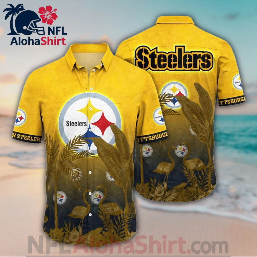 Pittsburgh Steelers Hawaiian shirt with yellow navy tropical background and flamingo design