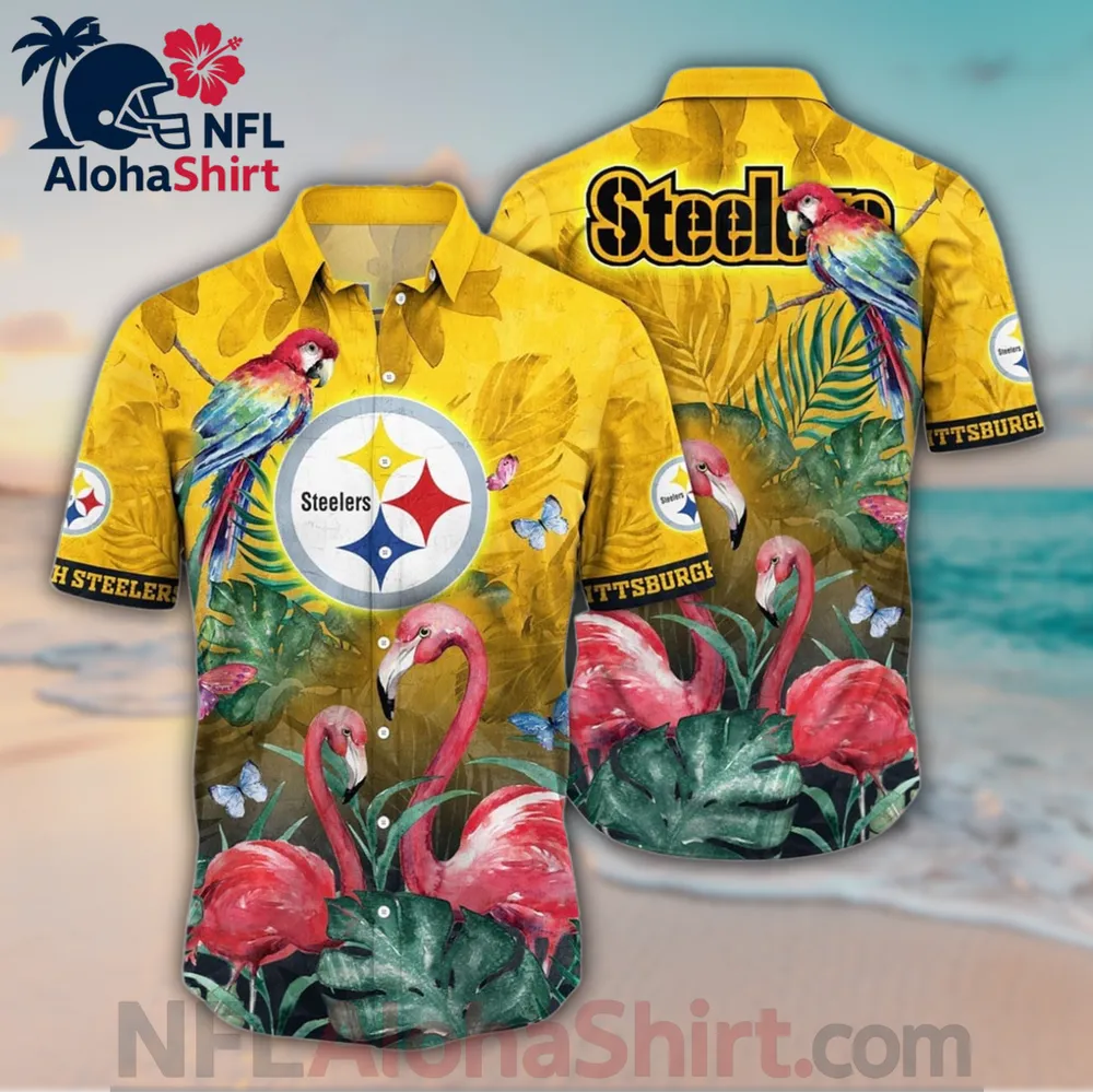 Pittsburgh Steelers Hawaiian shirt with yellow background and red flamingos, tropical parrots