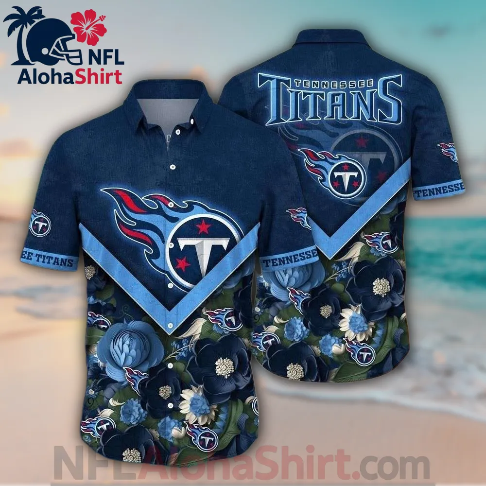 Tennessee Titans Hawaiian shirt with navy blue floral print and chevron V-cut logo design