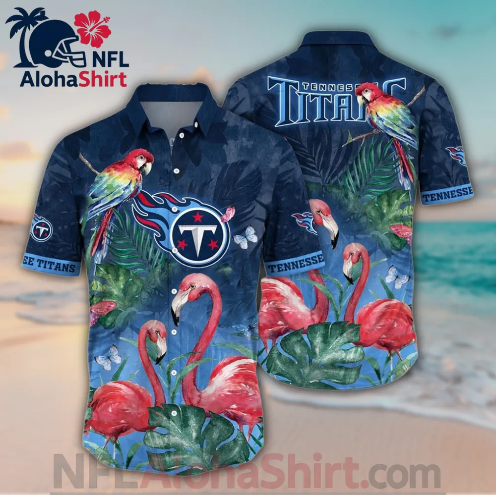 Tennessee Titans Hawaiian shirt with navy background, red flamingos, and tropical parrot design