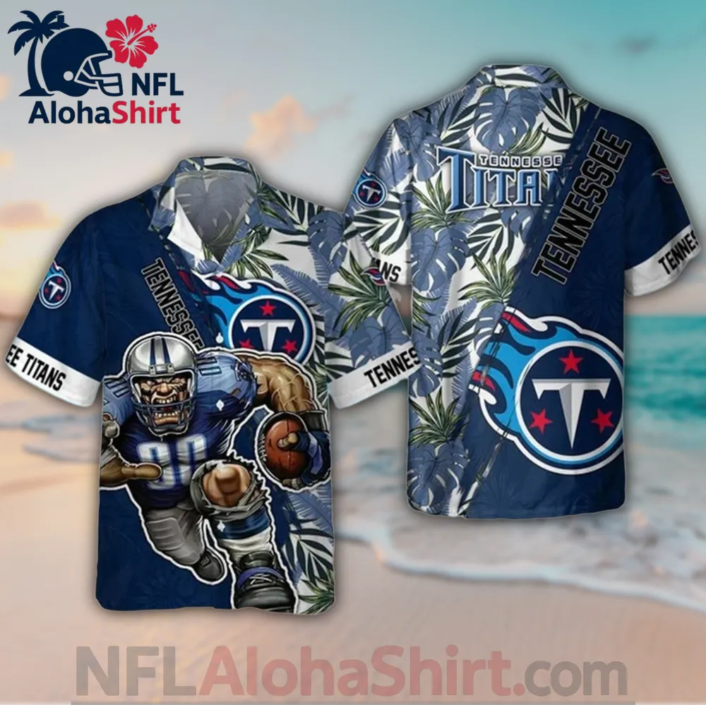 Tennessee Titans Hawaiian shirt featuring comic-style monster design with tropical background