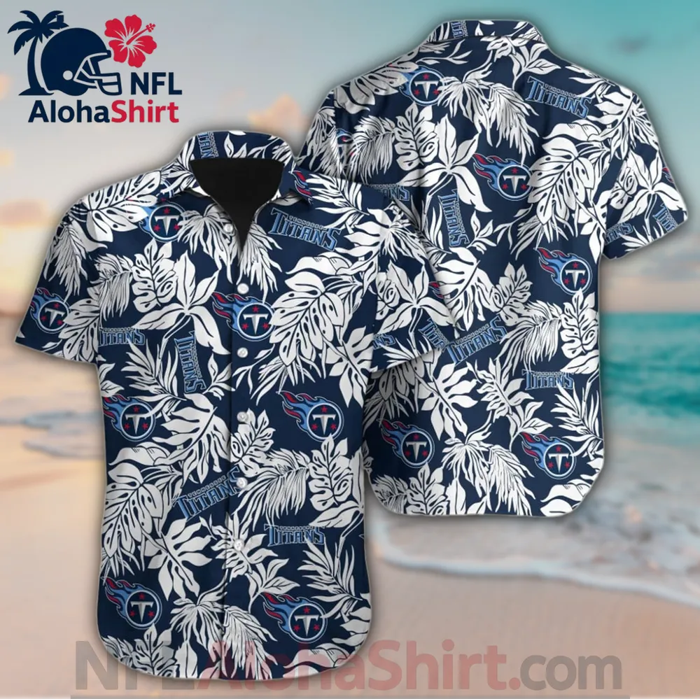Tennessee Titans Hawaiian shirt with navy background and white tropical leaves